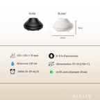 Fiche technique diffuseur Airlis : dimensions 135×135×78 mm, réservoir 130 ml, USB-C, 6–9 h